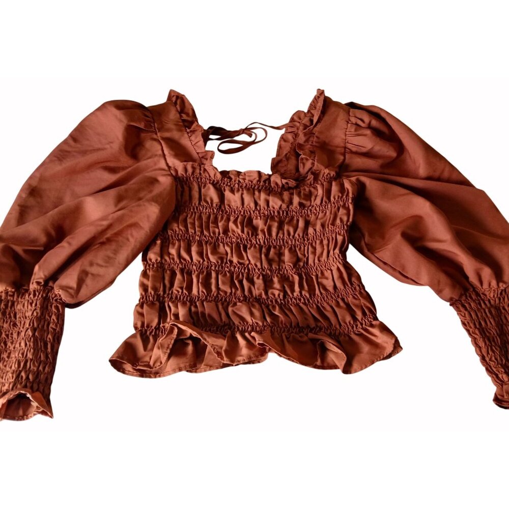 Milk Honey Smocked Rust Orange Shirt Top Size M Puff Sleeve Ruffle Cropped - Picture 9 of 13